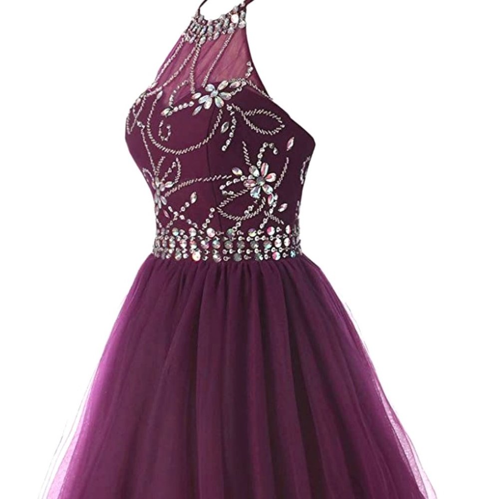 Women's Halter Short Homecoming Dress Beading Tulle Plum Dress